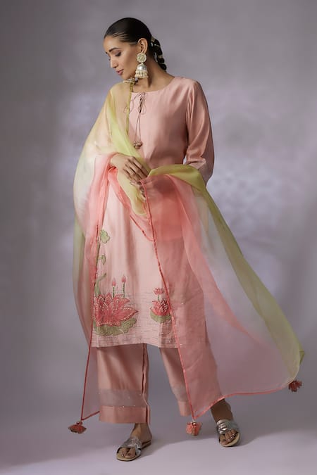 Shreeka Pink Silk Organza, Silk, Chanderi Pearls, Lotus Pond Kurta Palazzo Pant Set 