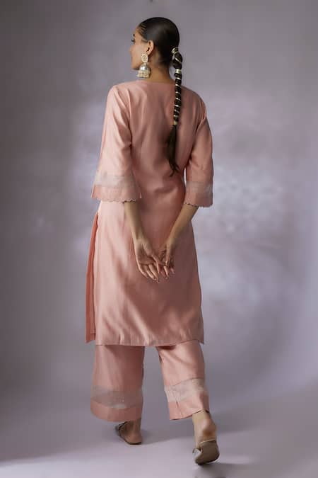 Shop Shreeka Pink Silk Organza, Silk, Chanderi Pearls, Lotus Pond Kurta Palazzo Pant Set at Aza Fashions Shop_Shreeka_Pink Silk Organza, Silk, Chanderi Pearls, Lotus Pond Kurta Palazzo Pant Set _at_Aza_Fashions