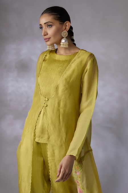 Buy_Shreeka_Green Silk Organza, Modal, Cotton Petunia Bloom Embroidered Jacket Pant Set _Online_at_Aza_Fashions