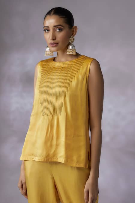 Shreeka_Yellow Silk Organza, Modal, Cotton Buttercup Bloom Embroidered Jacket Pant Set _Online_at_Aza_Fashions