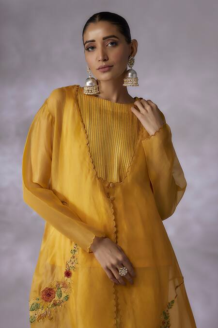 Shop_Shreeka_Yellow Silk Organza, Modal, Cotton Buttercup Bloom Embroidered Jacket Pant Set _Online_at_Aza_Fashions