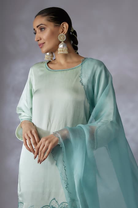 Buy_Shreeka_Blue , Satin, Rafflesia Embroidered Kurta Pant Set _Online_at_Aza_Fashions