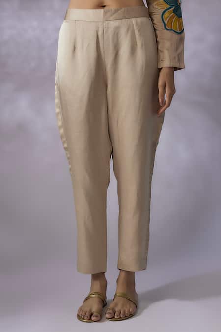 Shreeka_Beige Silk, Linen, Satin Embroidery Round Neck Blossom Kurta With Pant _Online_at_Aza_Fashions