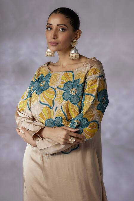 Buy_Shreeka_Beige Silk, Linen, Satin Embroidery Round Neck Blossom Kurta With Pant _Online_at_Aza_Fashions