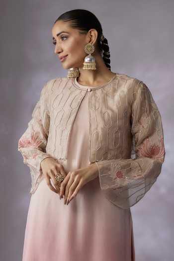 Buy_Shreeka_Beige Silk Organza, Viscose, Georgette Embroidery, Lotus Bloom Jacket Kurta Set _Online_at_Aza_Fashions