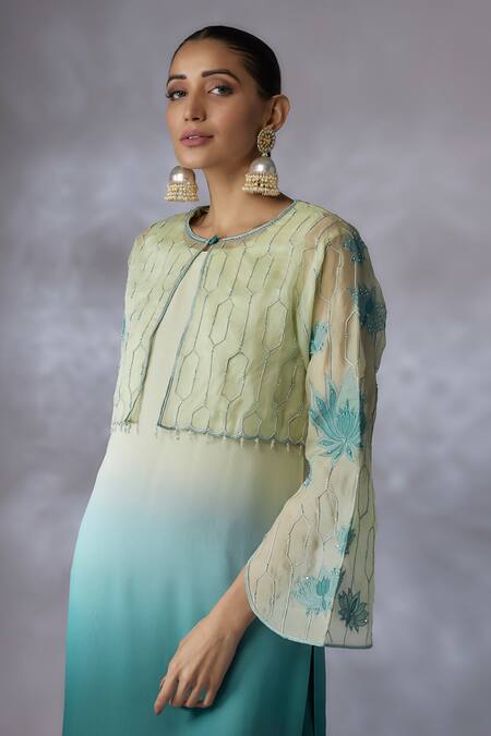 Buy_Shreeka_Blue Silk Organza, Viscose, Georgette Beads, Padma Blossom Jacket Kurta Set _Online_at_Aza_Fashions