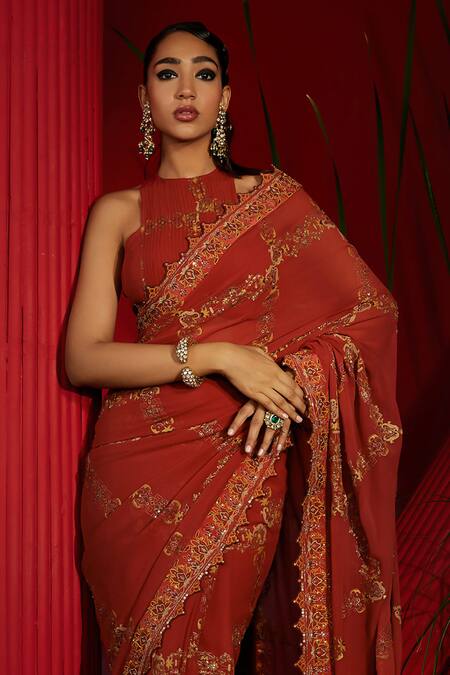Shop Shreeka Brown Georgette, Viscose, Silk Embroidery Hand Screen Print Saree With Blouse Online at Aza Fashions Shop_Shreeka_Brown Georgette, Viscose, Silk Embroidery Hand Screen Print Saree With Blouse _Online_at_Aza_Fashions