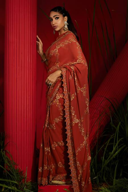 Shreeka Brown Georgette, Viscose, Silk Embroidery Hand Screen Print Saree With Blouse at Aza Fashions Shreeka_Brown Georgette, Viscose, Silk Embroidery Hand Screen Print Saree With Blouse _at_Aza_Fashions