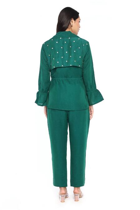 Shop Komal Shah Green Chanderi Sequins Collared Trench Jacket And Pant Set at Aza Fashions Shop_Komal Shah_Green Chanderi Sequins Collared Trench Jacket And Pant Set_at_Aza_Fashions