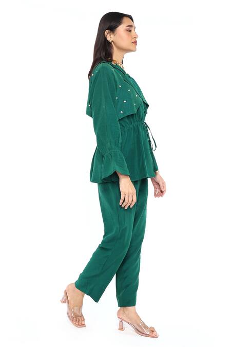 Komal Shah Green Chanderi Sequins Collared Trench Jacket And Pant Set Online at Aza Fashions Komal Shah_Green Chanderi Sequins Collared Trench Jacket And Pant Set_Online_at_Aza_Fashions