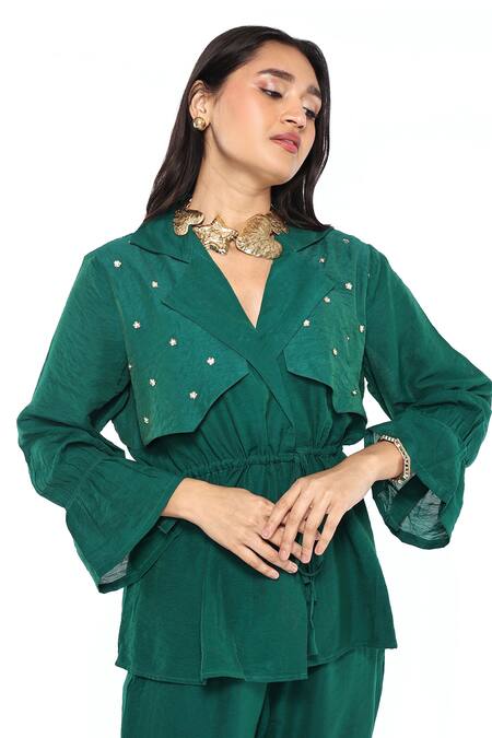 Buy Komal Shah Green Chanderi Sequins Collared Trench Jacket And Pant Set Online at Aza Fashions Buy_Komal Shah_Green Chanderi Sequins Collared Trench Jacket And Pant Set_Online_at_Aza_Fashions