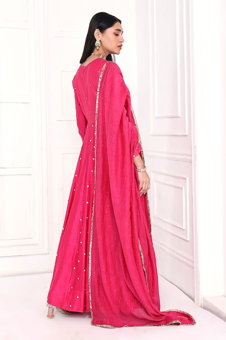Shop Komal Shah Pink Chanderi Sequins, Beads, Lace, Flared Anarkali With Mukaish Dupatta at Aza Fashions Shop_Komal Shah_Pink Chanderi Sequins, Beads, Lace, Flared Anarkali With Mukaish Dupatta _at_Aza_Fashions