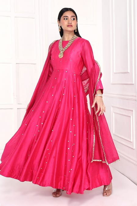 Komal Shah Pink Chanderi Sequins, Beads, Lace, Flared Anarkali With Mukaish Dupatta Online at Aza Fashions Komal Shah_Pink Chanderi Sequins, Beads, Lace, Flared Anarkali With Mukaish Dupatta _Online_at_Aza_Fashions