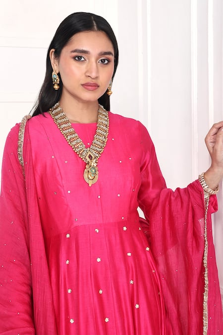 Buy Komal Shah Pink Chanderi Sequins, Beads, Lace, Flared Anarkali With Mukaish Dupatta Online at Aza Fashions Buy_Komal Shah_Pink Chanderi Sequins, Beads, Lace, Flared Anarkali With Mukaish Dupatta _Online_at_Aza_Fashions