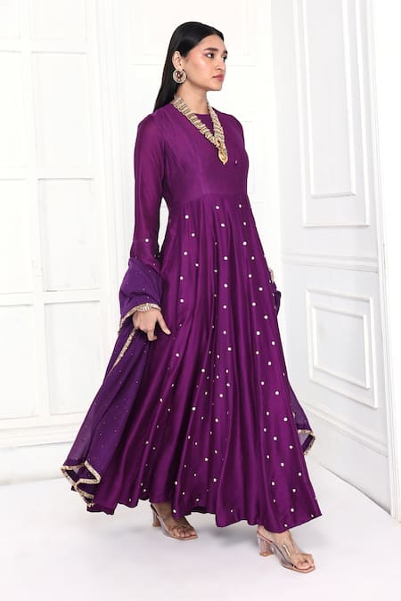 Komal Shah_Purple Chanderi Sequins, Beads, Zari, Lace Round Floral Anarkali With Dupatta _Online_at_Aza_Fashions