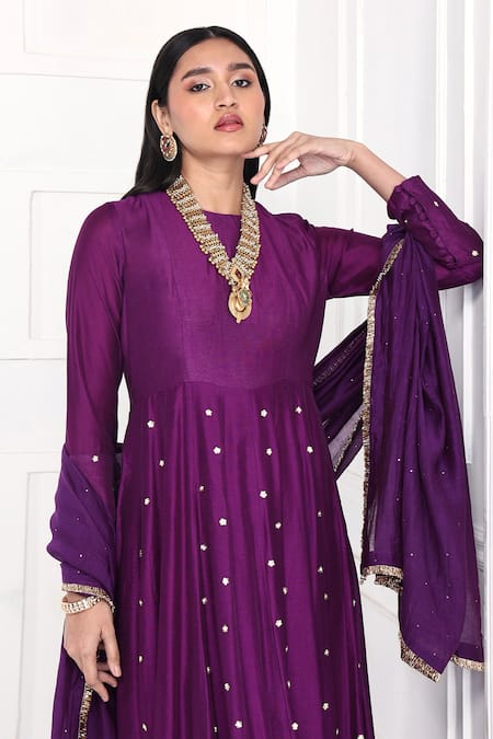 Buy_Komal Shah_Purple Chanderi Sequins, Beads, Zari, Lace Round Floral Anarkali With Dupatta _Online_at_Aza_Fashions