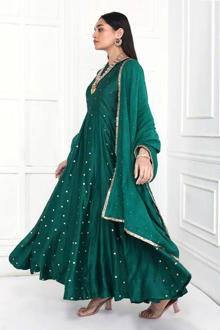 Komal Shah Green Chanderi Sequins, Beads, Zari, Mirrors, Floral Anarkali With Dupatta Online at Aza Fashions Komal Shah_Green Chanderi Sequins, Beads, Zari, Mirrors, Floral Anarkali With Dupatta _Online_at_Aza_Fashions
