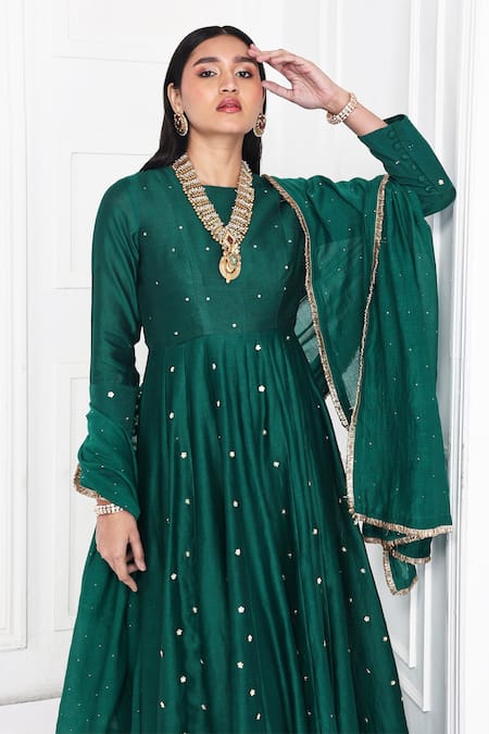 Buy Komal Shah Green Chanderi Sequins, Beads, Zari, Mirrors, Floral Anarkali With Dupatta Online at Aza Fashions Buy_Komal Shah_Green Chanderi Sequins, Beads, Zari, Mirrors, Floral Anarkali With Dupatta _Online_at_Aza_Fashions
