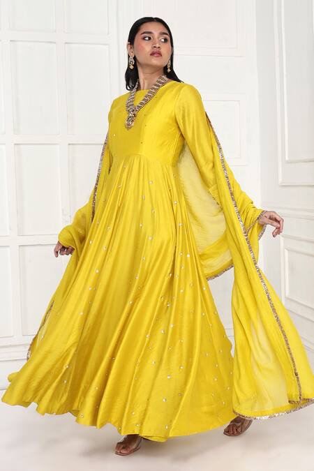 Komal Shah_Yellow Chanderi Sequins, Beads, Zari, Floral Embroidered Anarkali With Dupatta _Online_at_Aza_Fashions