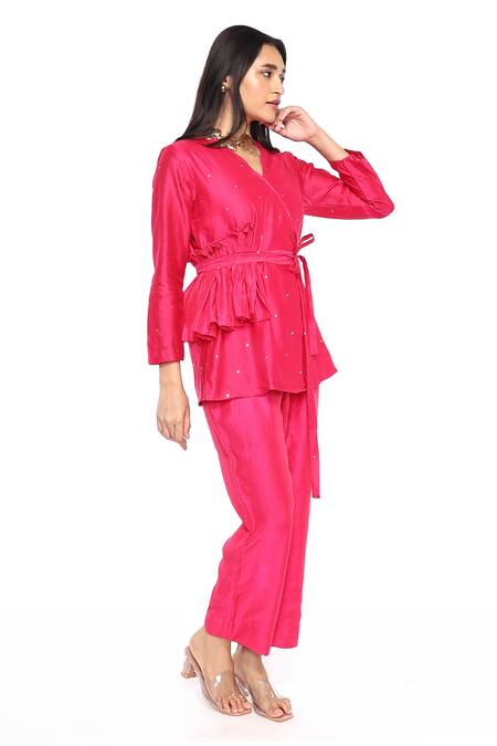 Komal Shah_Pink Chanderi Embroidery V-neck Badla Top And Pant Set _Online_at_Aza_Fashions