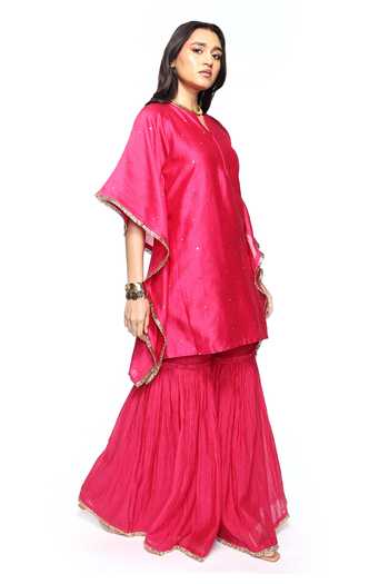 Komal Shah_Pink Chanderi Embroidery, Lace Round Neck Badla Kaftan And Gharara Set _Online_at_Aza_Fashions