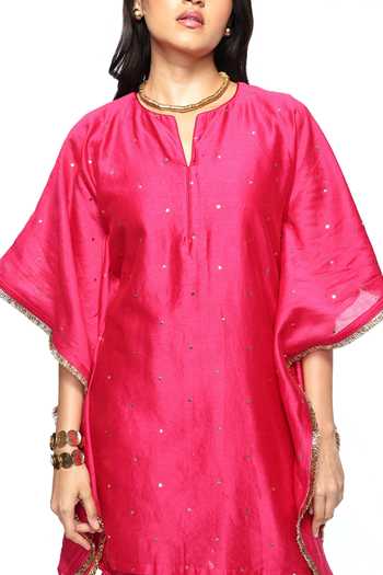 Buy_Komal Shah_Pink Chanderi Embroidery, Lace Round Neck Badla Kaftan And Gharara Set _Online_at_Aza_Fashions