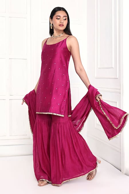 Buy_Komal Shah_Purple Chanderi Embroidery Round Neck Badla Kurta Gharara Set _Online_at_Aza_Fashions