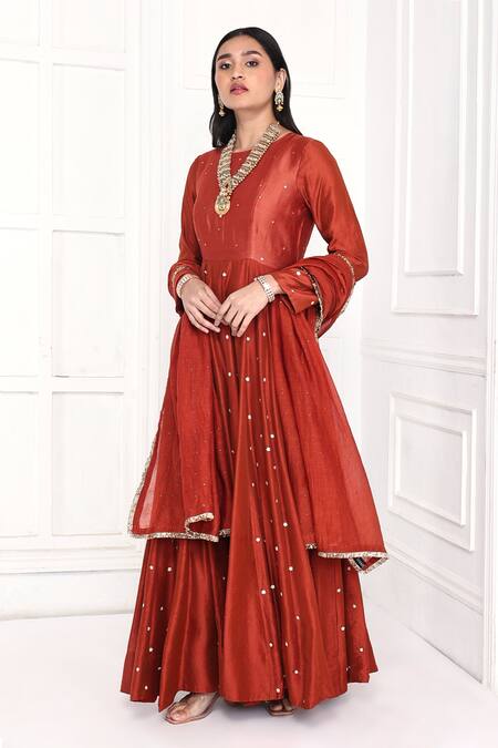 Komal Shah_Red Chanderi Sequins, Beads, Gota Patti, Zari, Floral Anarkali With Dupatta _Online_at_Aza_Fashions