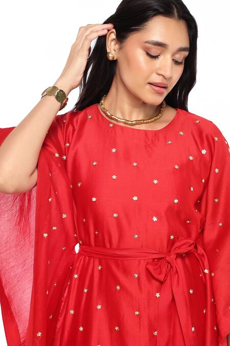 Buy_Komal Shah_Red Chanderi Embroidery Round Neck Hand Kaftan With Pant _Online_at_Aza_Fashions