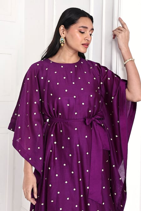 Buy_Komal Shah_Purple Chanderi Embroidery Round Neck Flower Hand Kaftan With Pant _Online_at_Aza_Fashions