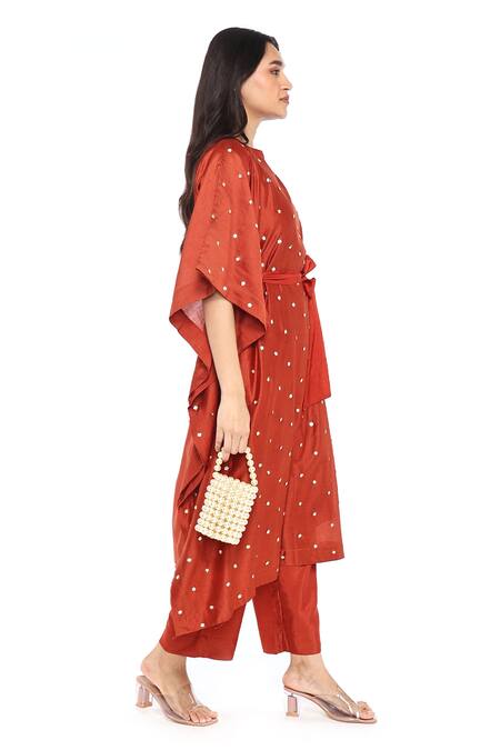 Komal Shah_Orange Chanderi Embroidery Round Neck Floret Hand Kaftan With Pant _Online_at_Aza_Fashions