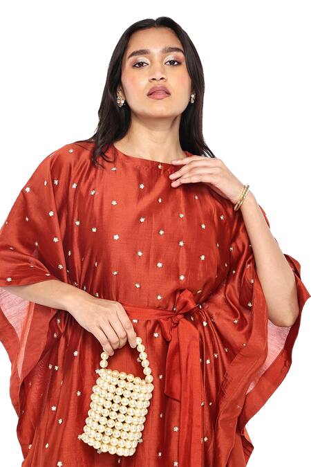 Buy_Komal Shah_Orange Chanderi Embroidery Round Neck Floret Hand Kaftan With Pant _Online_at_Aza_Fashions