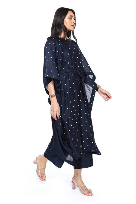 Komal Shah_Blue Chanderi Embroidery Round Neck Floweret Hand Kaftan With Pant _Online_at_Aza_Fashions