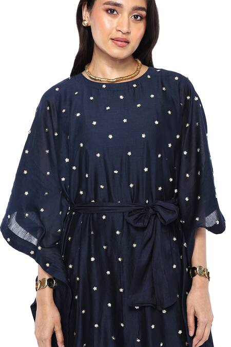 Buy_Komal Shah_Blue Chanderi Embroidery Round Neck Floweret Hand Kaftan With Pant _Online_at_Aza_Fashions