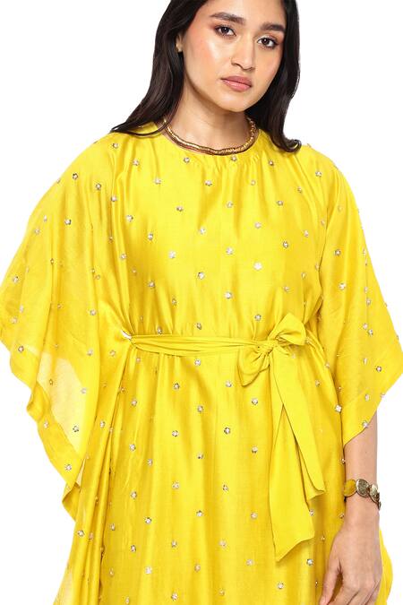 Buy_Komal Shah_Yellow Chanderi Embroidery Round Neck Floral Hand Kaftan And Pant Set _Online_at_Aza_Fashions