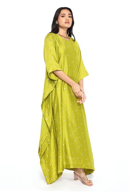 Komal Shah_Green Chanderi Embroidery Round Neck Hand Kaftan _Online_at_Aza_Fashions