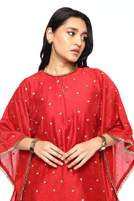 Buy_Komal Shah_Red Chanderi Embroidery Round Neck Hand Kaftan With Gharara _Online_at_Aza_Fashions