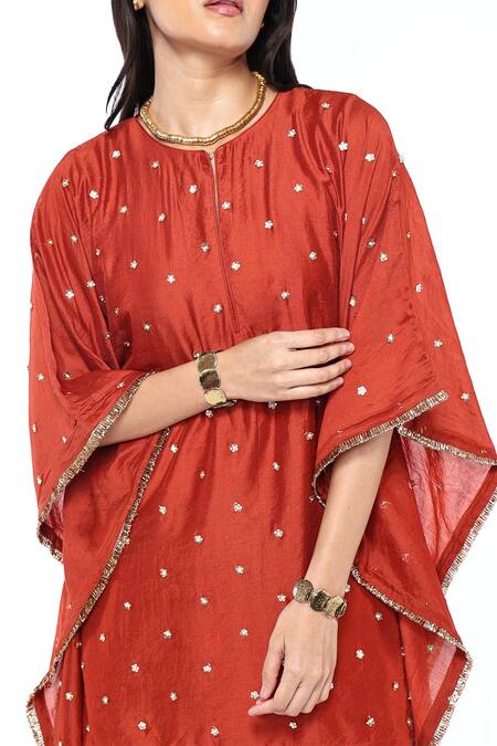 Buy_Komal Shah_Orange Chanderi Embroidery Round Neck Flower Hand Kaftan With Gharara _Online_at_Aza_Fashions