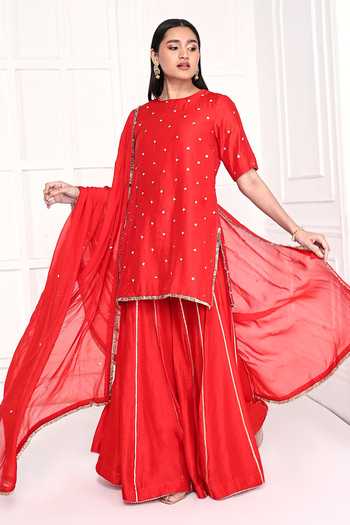 Komal Shah_Red Chanderi, Organza Embroidery Round Neck Hand Kurta Palazzo Set _Online_at_Aza_Fashions