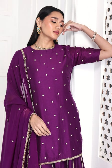 Buy_Komal Shah_Purple Chanderi, Organza Embroidery Round Neck Floral Hand Kurta Palazzo Set _Online_at_Aza_Fashions