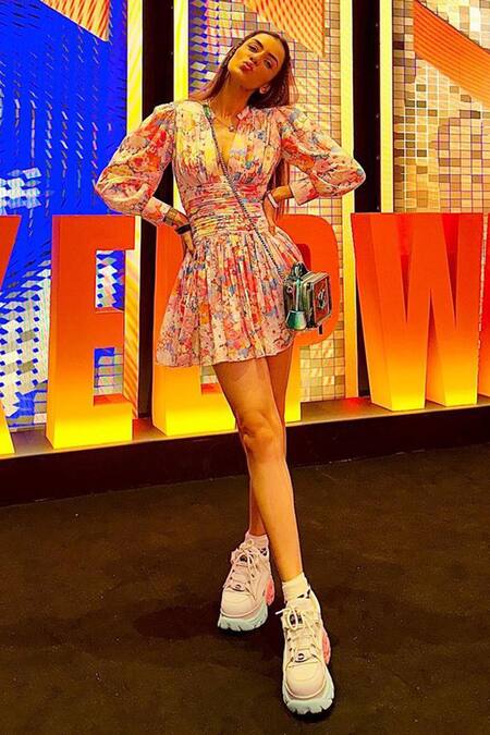 The Iaso_Multi Color Self Cotton Jacquard Floral Plunge V Manami Pattern Dress _at_Aza_Fashions