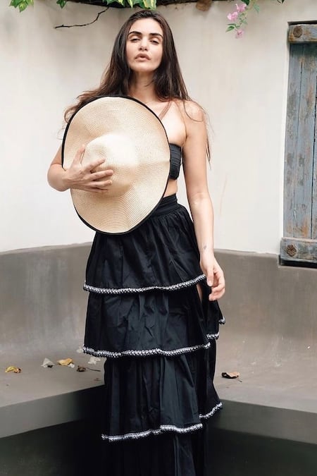 Shop The Iaso Black Paper Poplin Lining Voile Straight Ryo Tiered Skirt Set Shop_The Iaso_Black Paper Poplin Lining Voile Straight Ryo Tiered Skirt Set