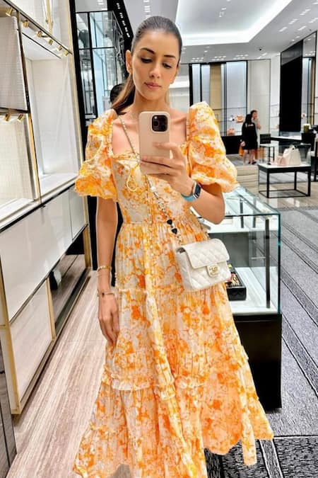 The Iaso_Orange Poplin Lining Cambric Floral Square Saki Pattern Dress _at_Aza_Fashions