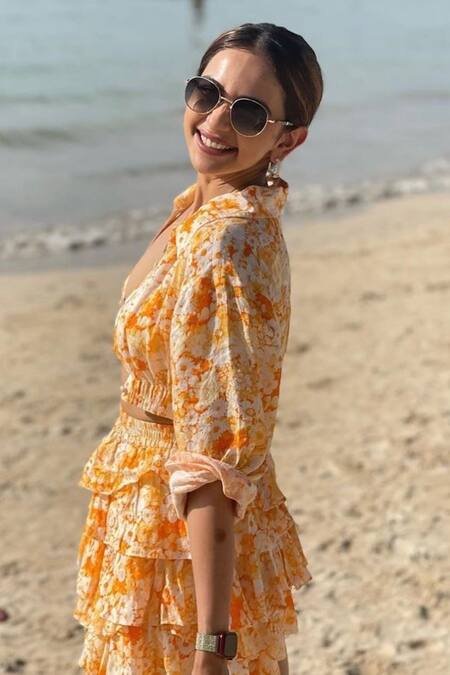 Shop The Iaso Orange Linen Lining Cotton Voile Floral Sweetheart Saki Pattern Skirt Set Online at Aza Fashions Shop_The Iaso_Orange Linen Lining Cotton Voile Floral Sweetheart Saki Pattern Skirt Set _Online_at_Aza_Fashions