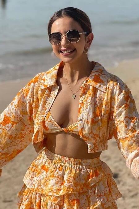 Buy The Iaso Orange Linen Lining Cotton Voile Floral Sweetheart Saki Pattern Skirt Set Buy_The Iaso_Orange Linen Lining Cotton Voile Floral Sweetheart Saki Pattern Skirt Set