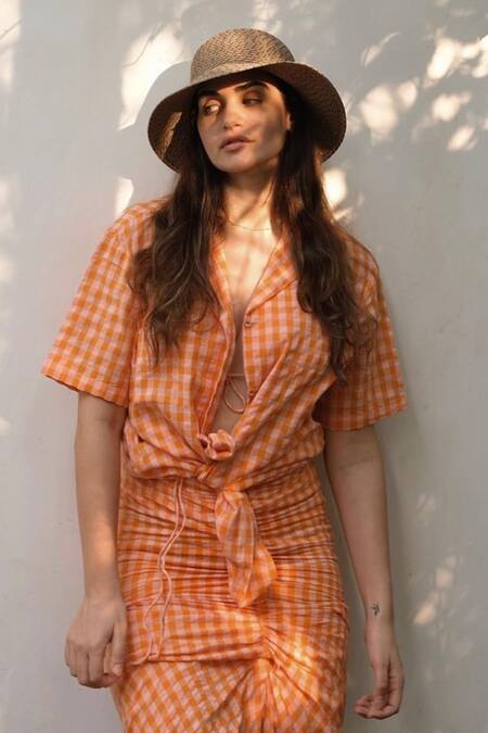 Shop_The Iaso_Orange Poplin, Lining Cambric Checkered Lapel Pattern Shirt_Online_at_Aza_Fashions