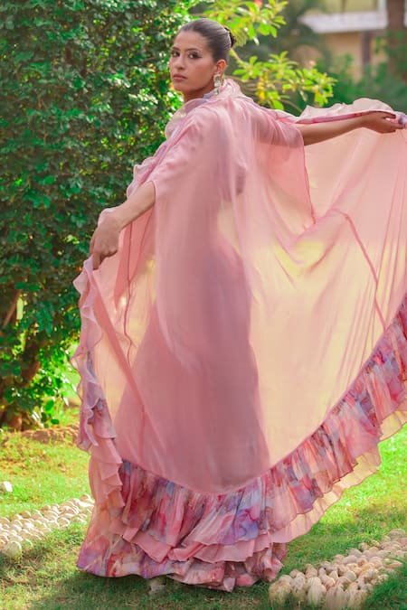 Shop Akanksha Mago Multi Color Georgette Beads, Embroidery Round Abstract Print Blouse Cape Set at Aza Fashions Shop_Akanksha Mago_Multi Color Georgette Beads, Embroidery Round Abstract Print Blouse Cape Set _at_Aza_Fashions