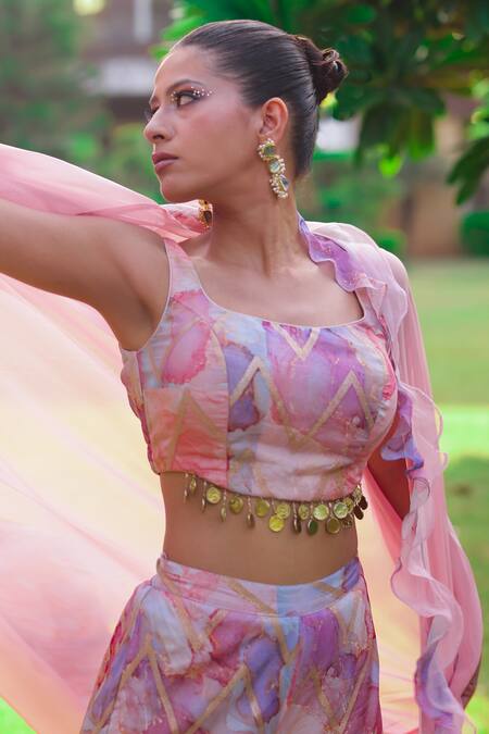 Akanksha Mago Multi Color Georgette Beads, Embroidery Round Abstract Print Blouse Cape Set Online at Aza Fashions Akanksha Mago_Multi Color Georgette Beads, Embroidery Round Abstract Print Blouse Cape Set _Online_at_Aza_Fashions