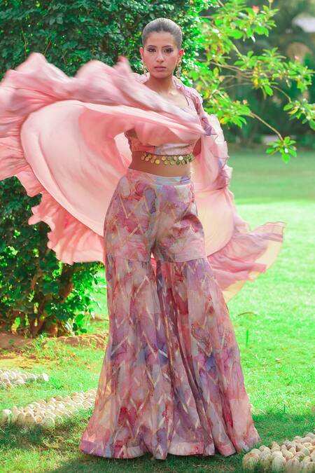 Shop Akanksha Mago Multi Color Georgette Beads, Embroidery Round Abstract Print Blouse Cape Set Online at Aza Fashions Shop_Akanksha Mago_Multi Color Georgette Beads, Embroidery Round Abstract Print Blouse Cape Set _Online_at_Aza_Fashions