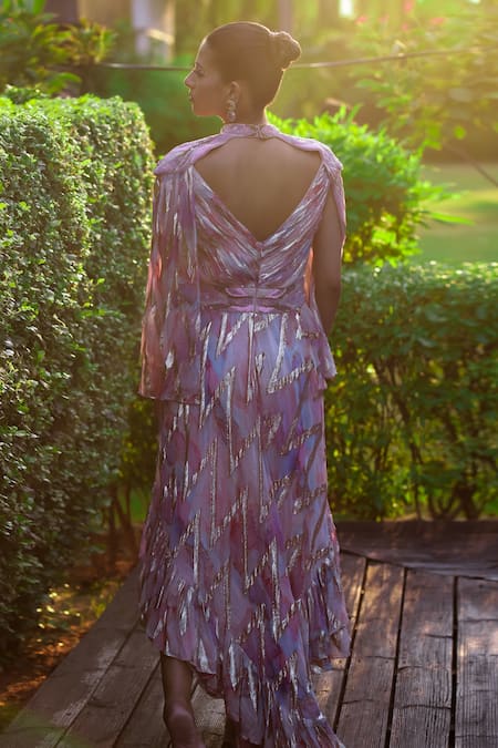 Shop Akanksha Mago Multi Color Georgette Sequins, Metallic Thread V-neck Abstract Print Draped Gown at Aza Fashions Shop_Akanksha Mago_Multi Color Georgette Sequins, Metallic Thread V-neck Abstract Print Draped Gown _at_Aza_Fashions